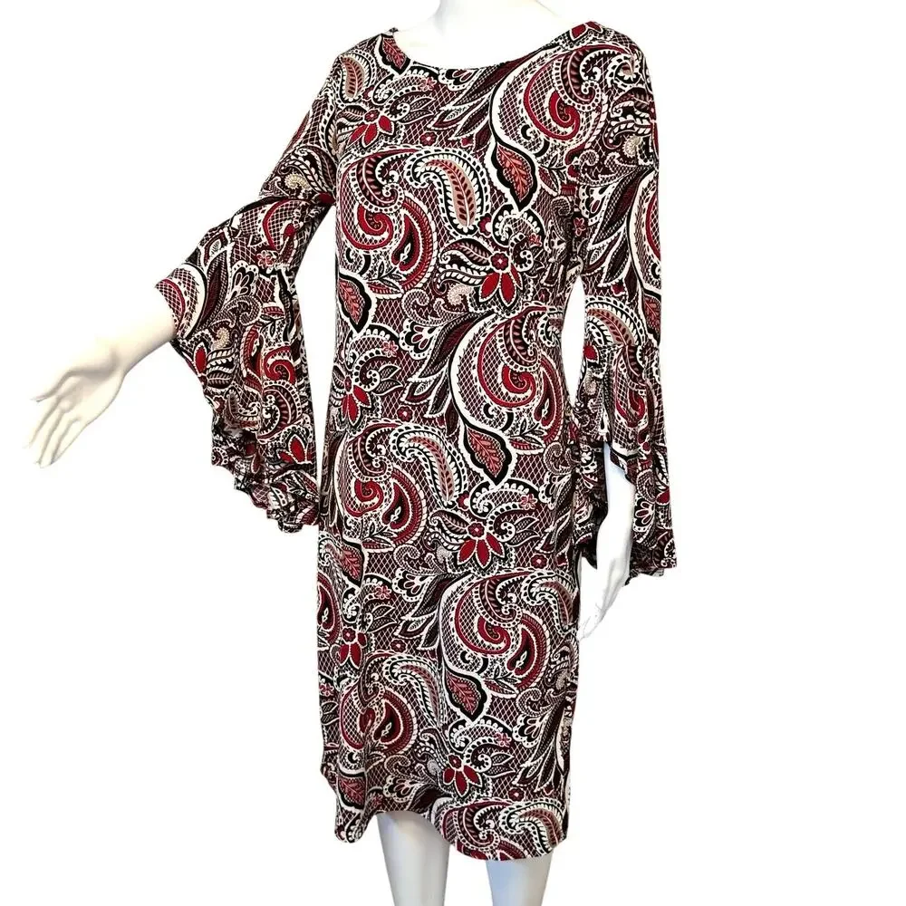 Shelby & Palmer Paisley Bell Sleeve Dress Size 10 Stretch Knit Boho Mod Retro - Picture 2 of 13